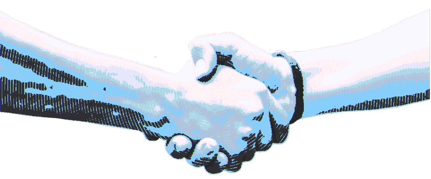 Two hands shaking, rendered in envi.Reality's signature dither style