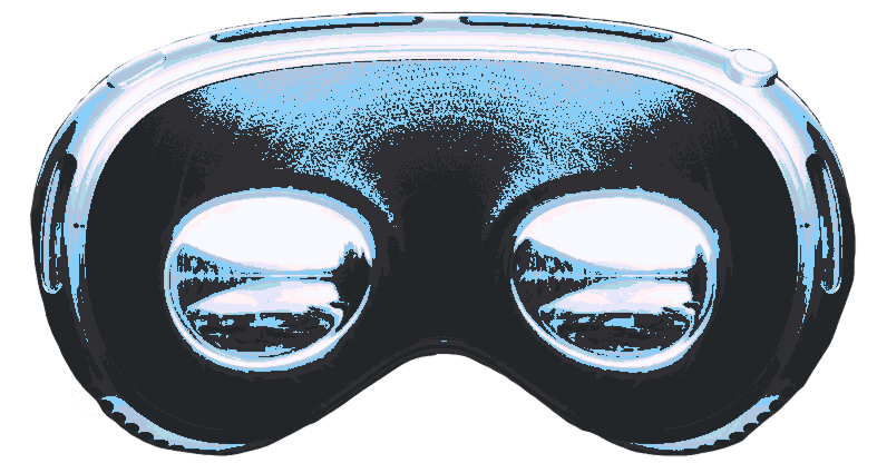 Dithered illustration of a VR headset, view from inside the lenses